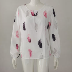 Feather Print Polo Shirt Long Lantern Sleeve Shirt Turndown Collar