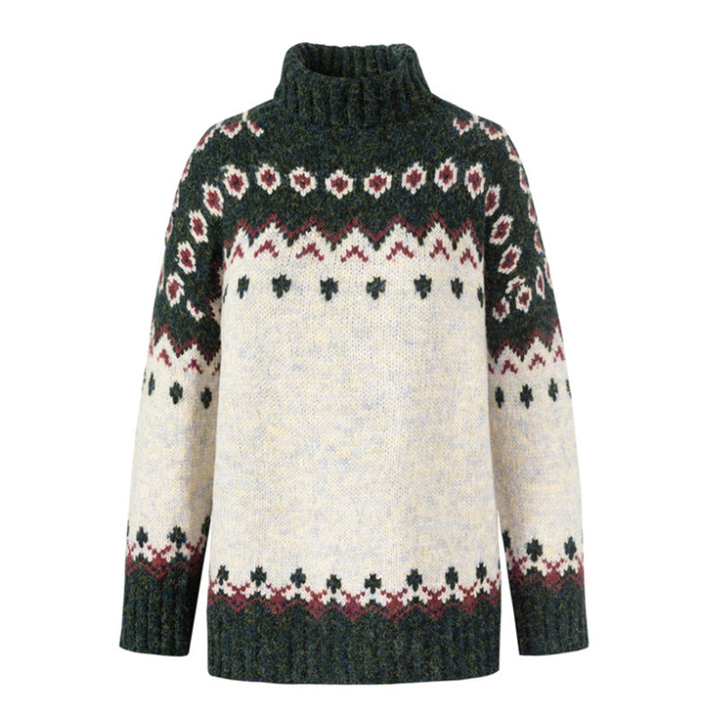 Turtleneck Knitted Sweater Christmas Loose Long Sleeve Jacquard Top