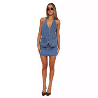 Female V-neck Sleeveless Casual Denim Vest  Only Selling Vests, Not Including Skirts