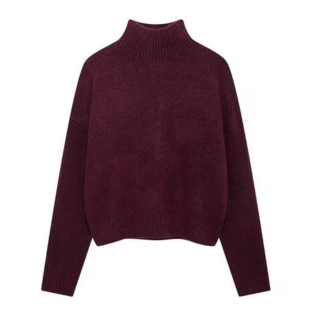 Knitwear Personality Street Vintage Women's Wine Red Turtleneck