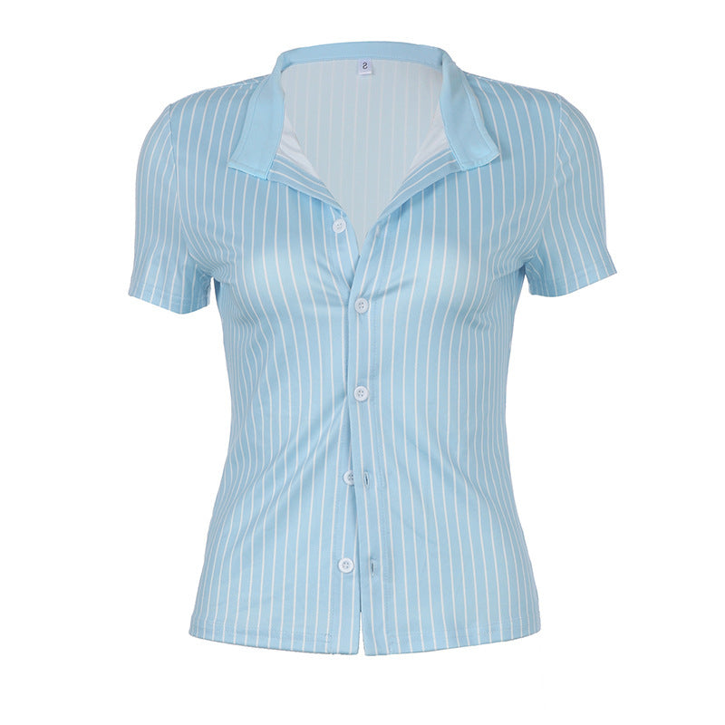European And American Sexy Spicy Girl Simple Blue Striped Shirt