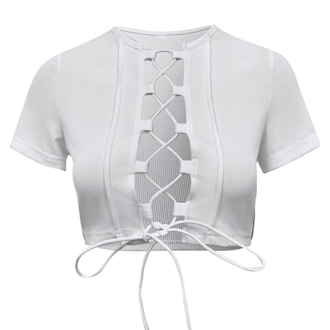 Women's Fashion Short Slim Hollow Straps Stitching Short Sleeve