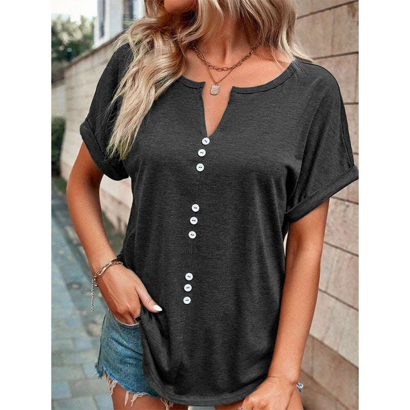 V-neck Short Sleeve Tops Shirt Summer Button Design