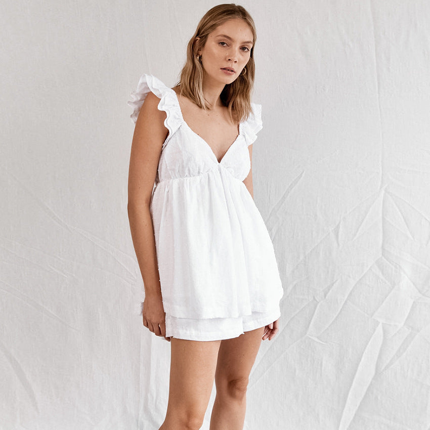 White Soft Cotton Suspender Shorts Pajamas Two-piece Set