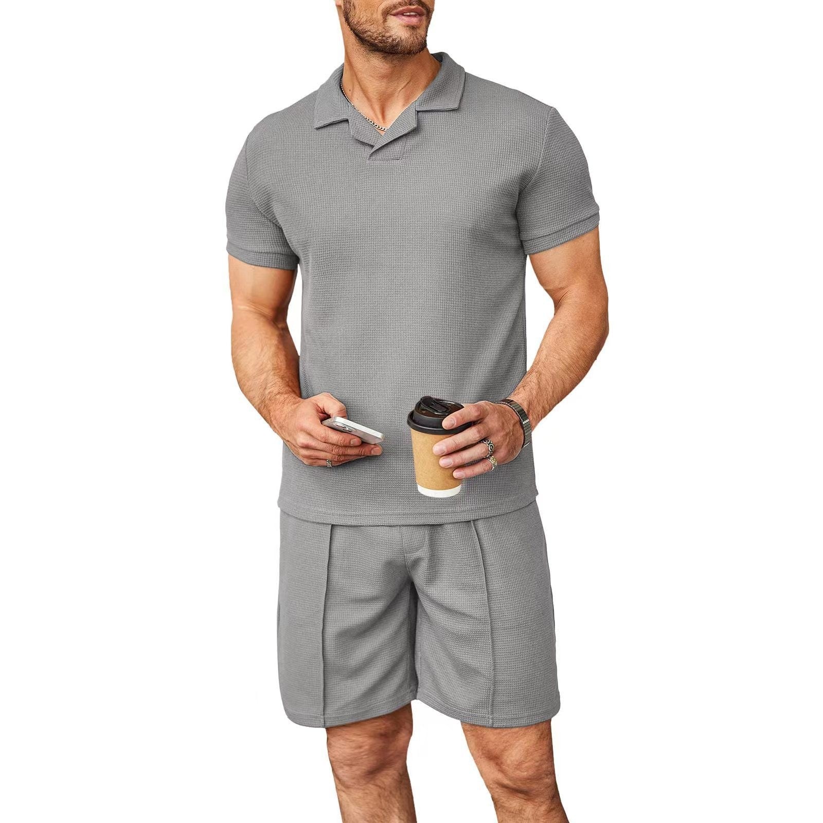 2pcs Set Men V Neck Polo Shirt Lapel Short Sleeve