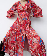 Red Printed V-neck Long-sleeved Breasted Dress