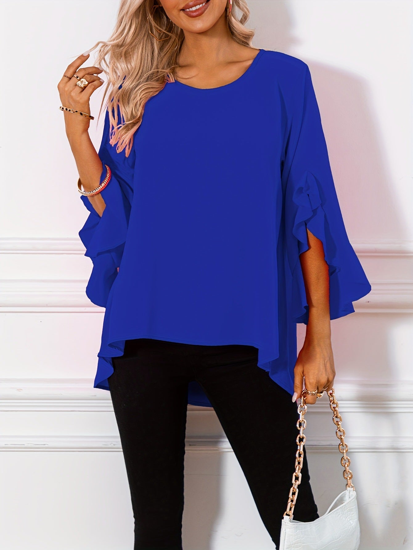 Solid Color Round Neck Shoulder Ruffle Sleeve Irregular Women's Top