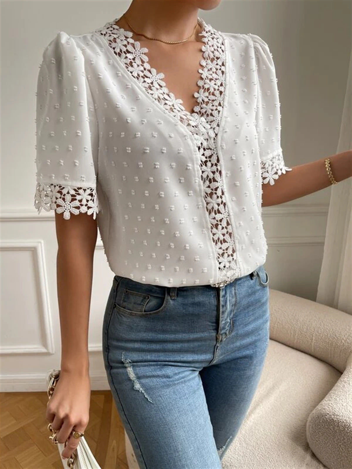 Floral Lace Short Sleeve Shirt Summer Fashion V-Neck Tops