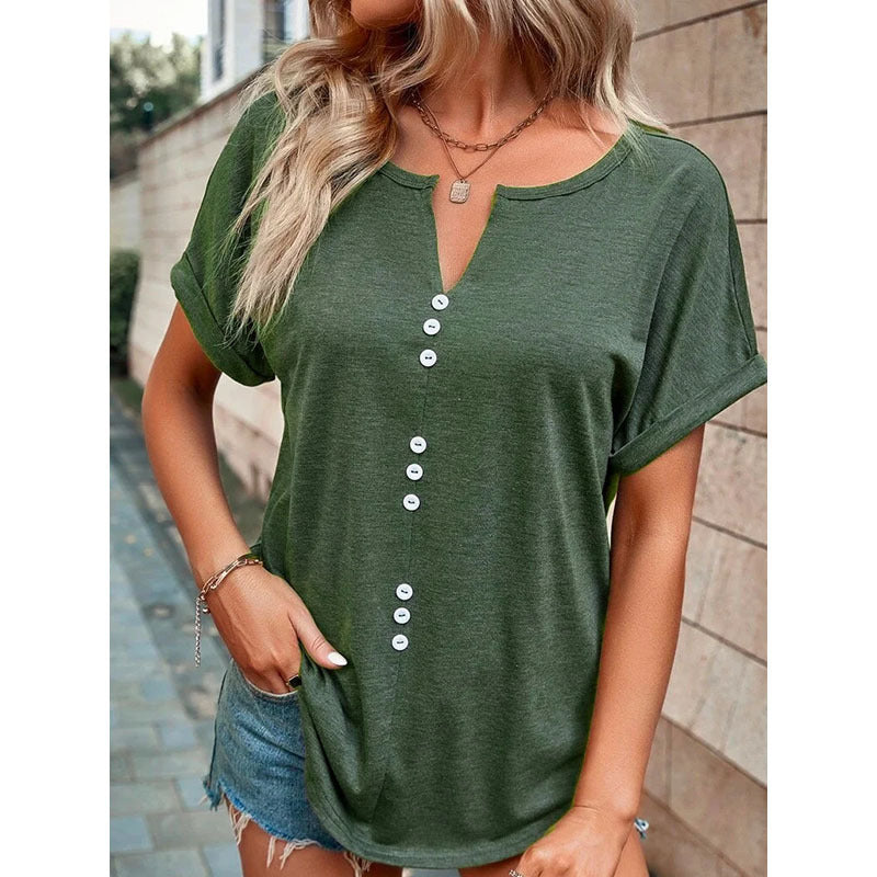 V-neck Short Sleeve Tops Shirt Summer Button Design