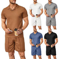 2pcs Set Men V Neck Polo Shirt Lapel Short Sleeve