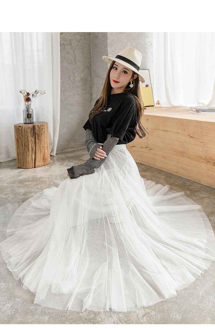 The New Solid Color Large Swing Mesh Skirt Mid-Length Slim Pleated Skirt