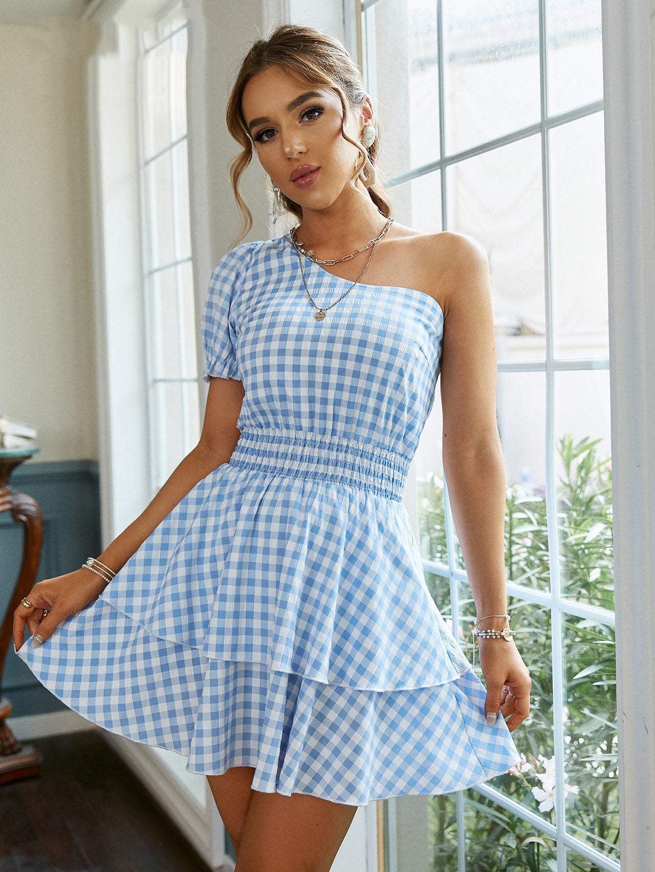 New Fashion Plaid Blue High Waist Pullover Dress
