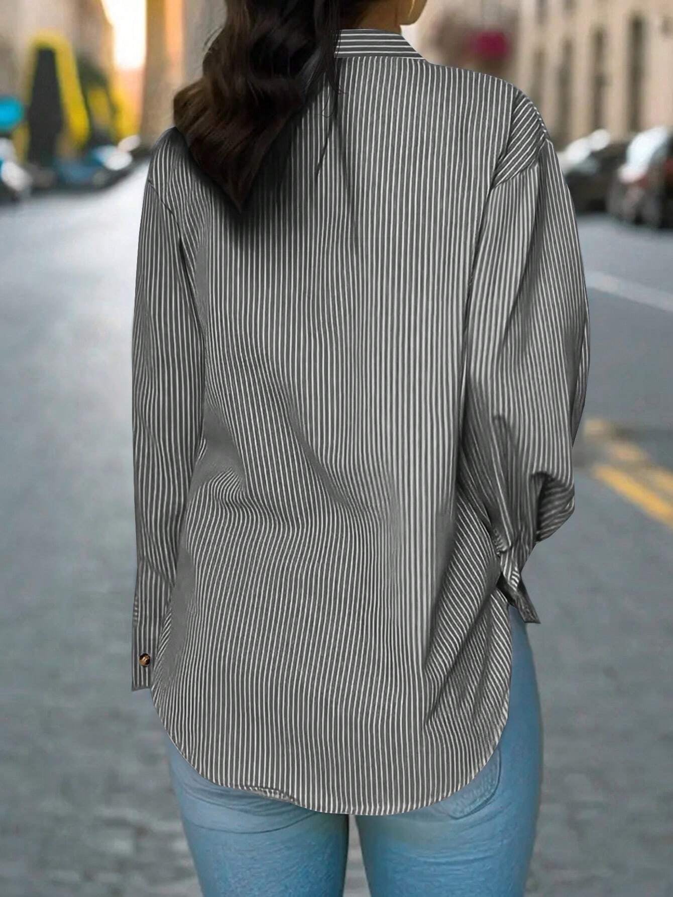 Women's Vertical Striped Notched Collar Shirt,Long Sleeve Tops