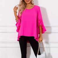 Solid Color Round Neck Shoulder Ruffle Sleeve Irregular Women's Top