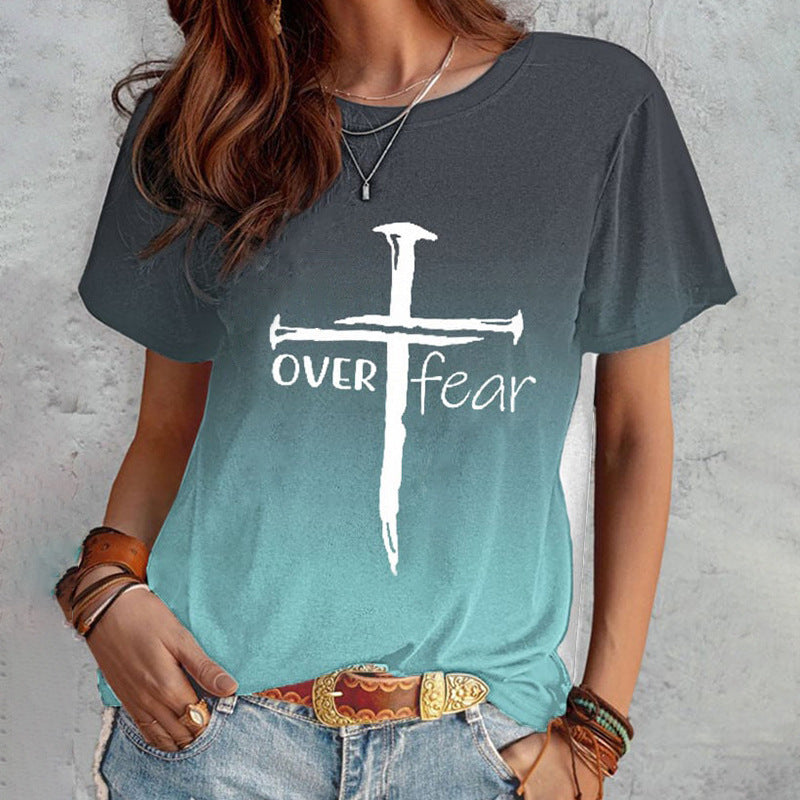 Summer Short Sleeve T-shirt Cross And Letter Print Top