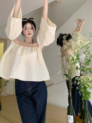 One-shoulder Short-sleeved Shirt Puff-sleeve Cropped Top