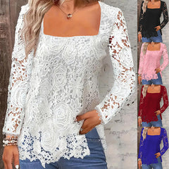 Fashion Long Sleeve Square Neck Tops Women Solid Color