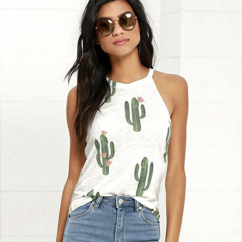 Summer Cactus Print Women T Shirt Casual Halter Harajuku