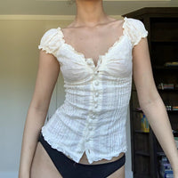 New Pleated Shoulder Button Fold Over Lace Bodice