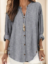 Women's Vertical Striped Notched Collar Shirt,Long Sleeve Tops