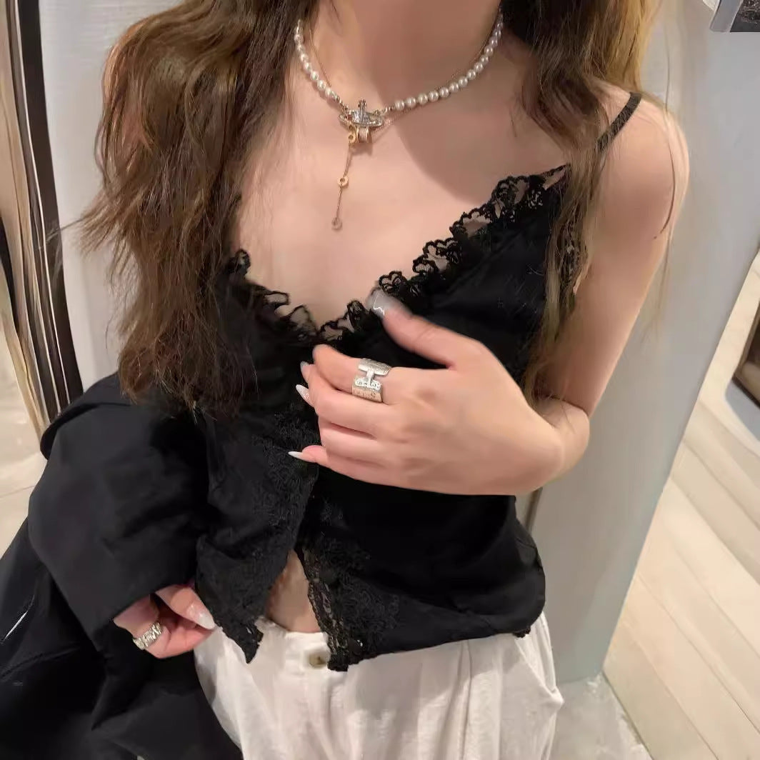 Lace Strap Stitching Solid Color Slim Single-breasted Versatile