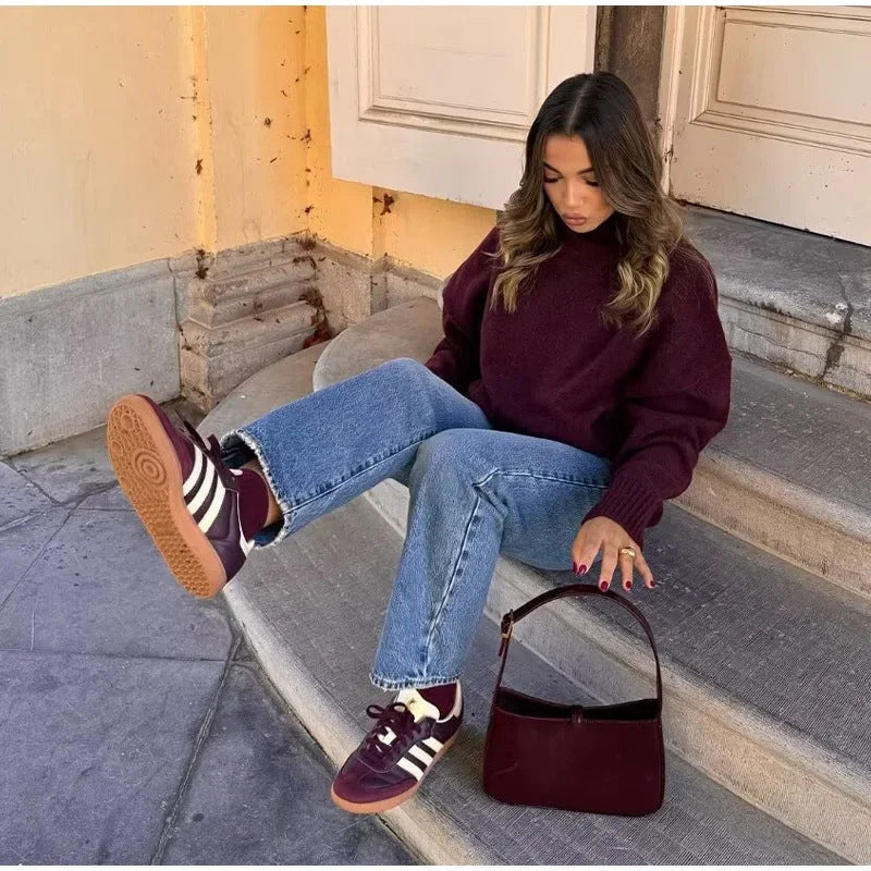 Knitwear Personality Street Vintage Women's Wine Red Turtleneck