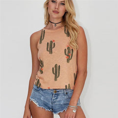Summer Cactus Print Women T Shirt Casual Halter Harajuku