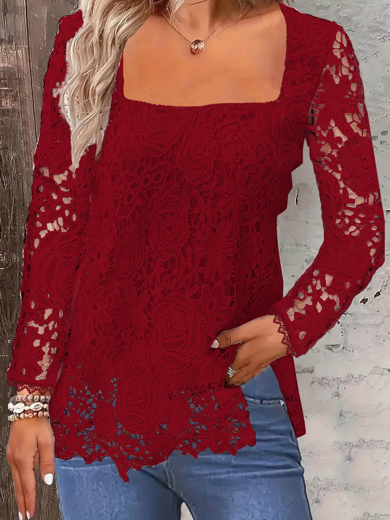 Fashion Long Sleeve Square Neck Tops Women Solid Color