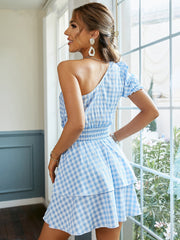 New Fashion Plaid Blue High Waist Pullover Dress