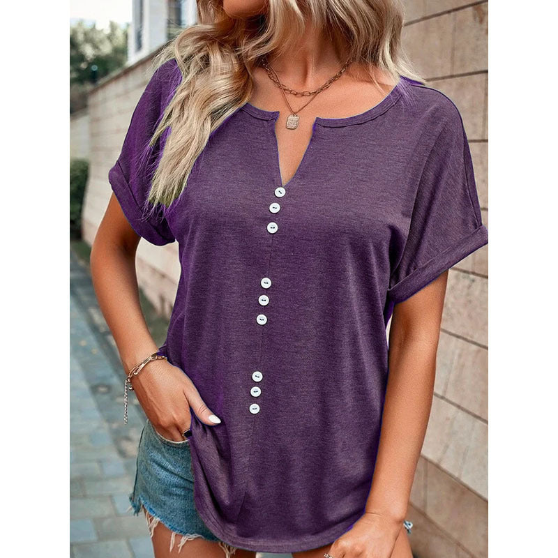 V-neck Short Sleeve Tops Shirt Summer Button Design