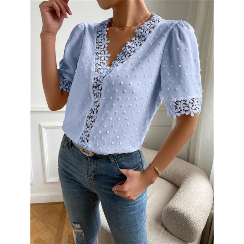 Floral Lace Short Sleeve Shirt Summer Fashion V-Neck Tops