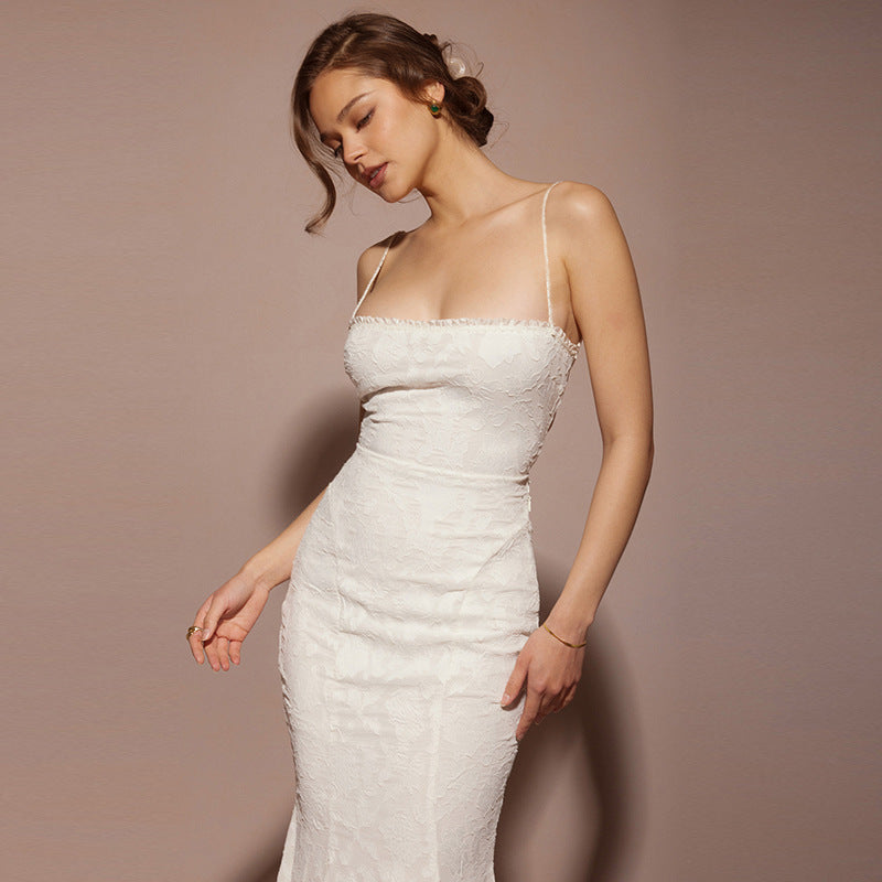 High Class Elegant Solid Color Slim Fit Bare Back Sling Dress
