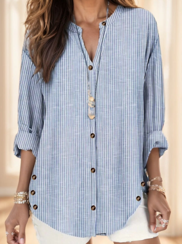 Women's Vertical Striped Notched Collar Shirt,Long Sleeve Tops