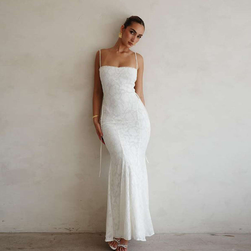 High Class Elegant Solid Color Slim Fit Bare Back Sling Dress