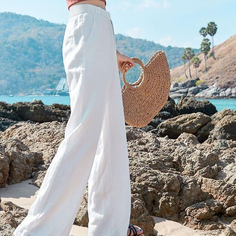 Loose Cotton And Linen Elastic High-rise Straight Wide-leg Pants