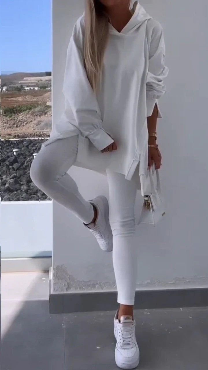 Women's Sports Casual Slit Hooded Sweatshirt Tights