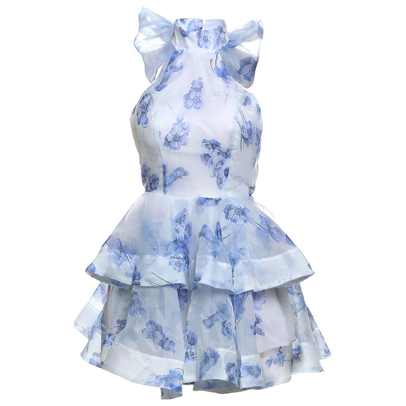 Women's Fashion Printed Short Skirt Backless Halter