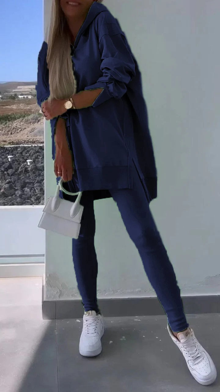 Women's Sports Casual Slit Hooded Sweatshirt Tights
