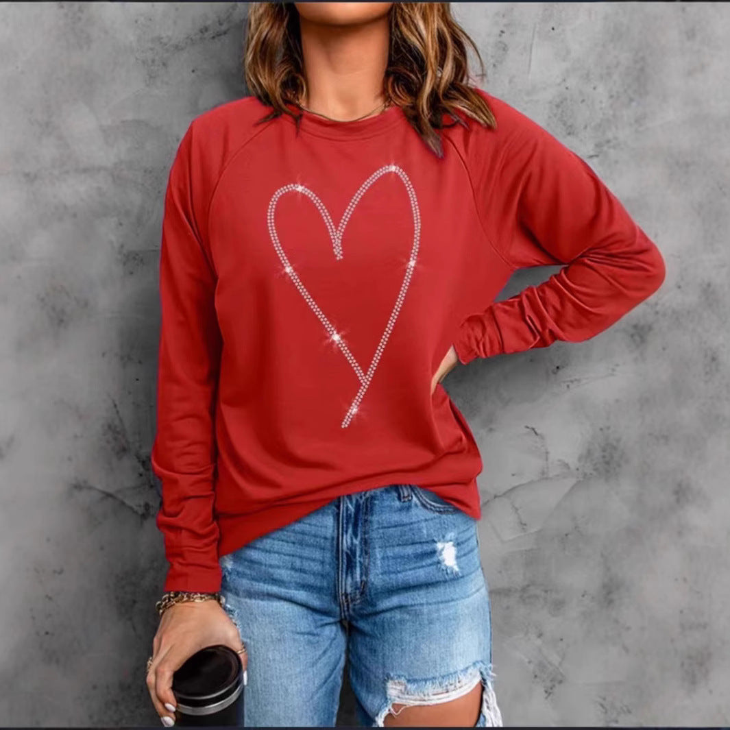 Heart Printing Round Neck Long Sleeve Sweatshirt Tops
