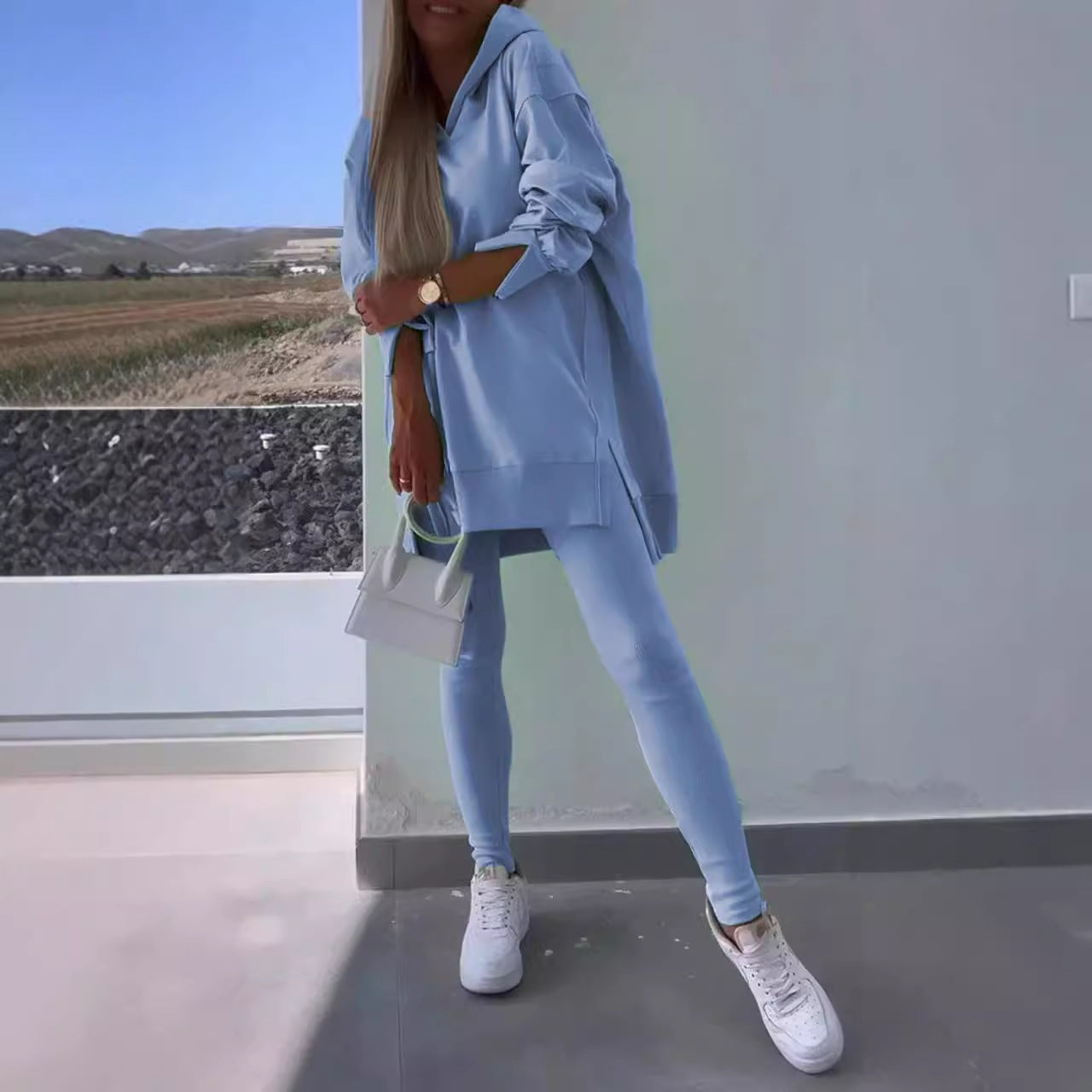 Women's Sports Casual Slit Hooded Sweatshirt Tights
