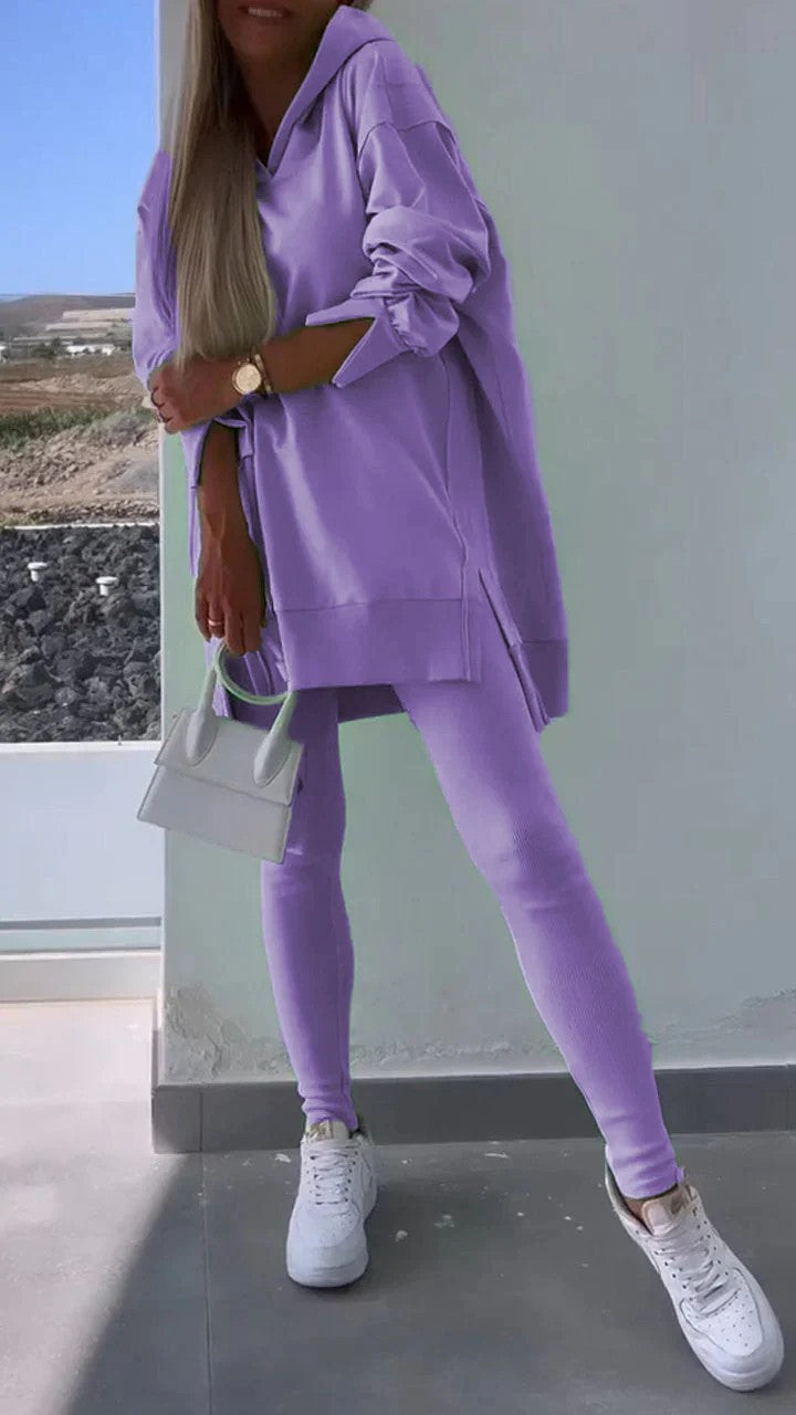Women's Sports Casual Slit Hooded Sweatshirt Tights