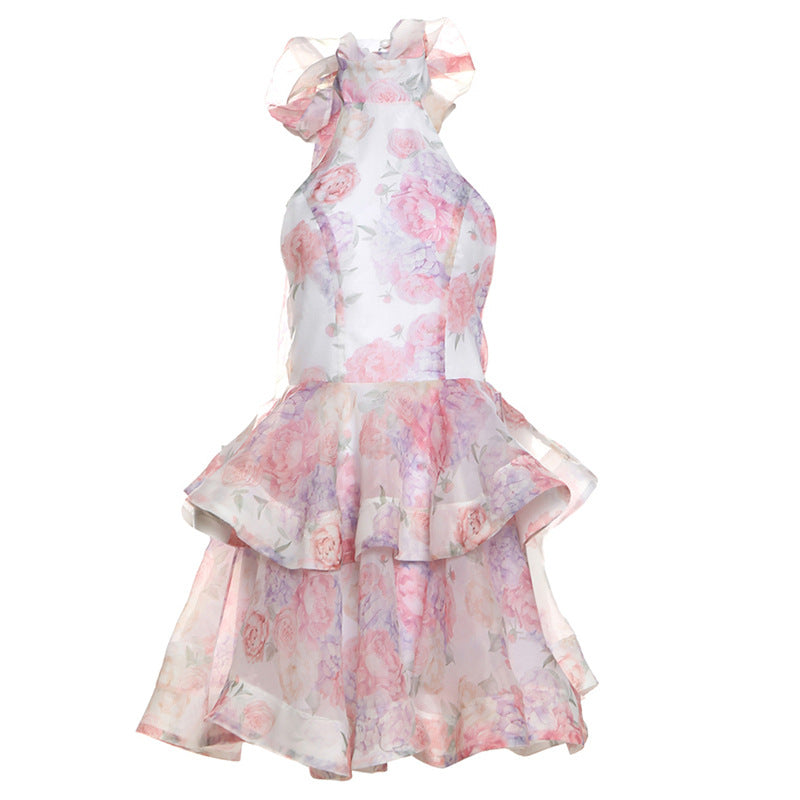 Women's Fashion Printed Short Skirt Backless Halter