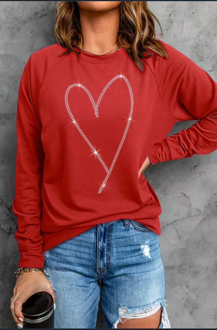 Heart Printing Round Neck Long Sleeve Sweatshirt Tops