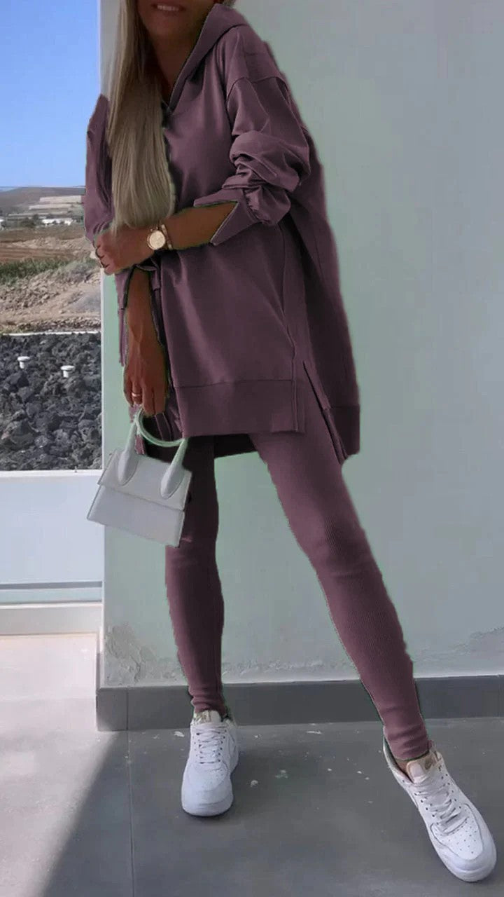 Women's Sports Casual Slit Hooded Sweatshirt Tights
