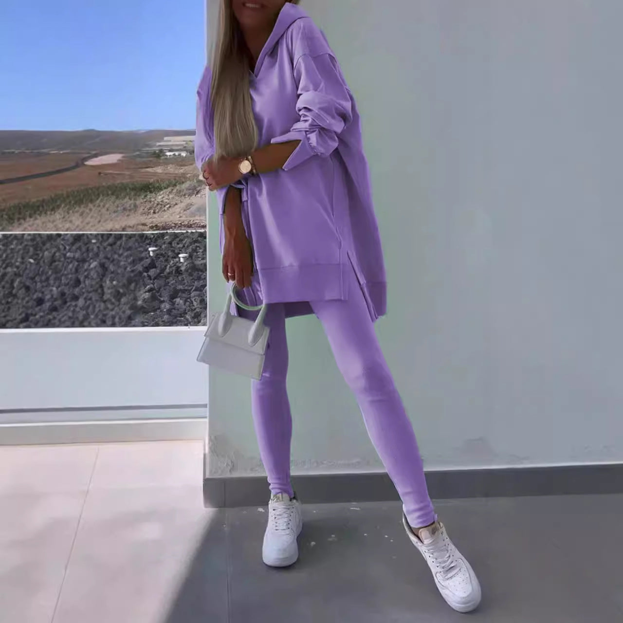 Women's Sports Casual Slit Hooded Sweatshirt Tights