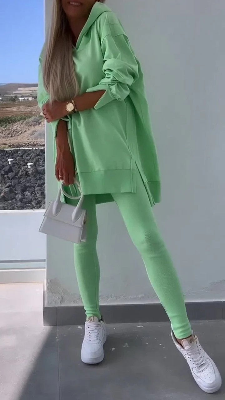 Women's Sports Casual Slit Hooded Sweatshirt Tights
