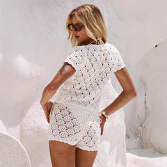 Spring And Summer New Comfort Casual Hollow-out Cropped Knitted Shorts Suit