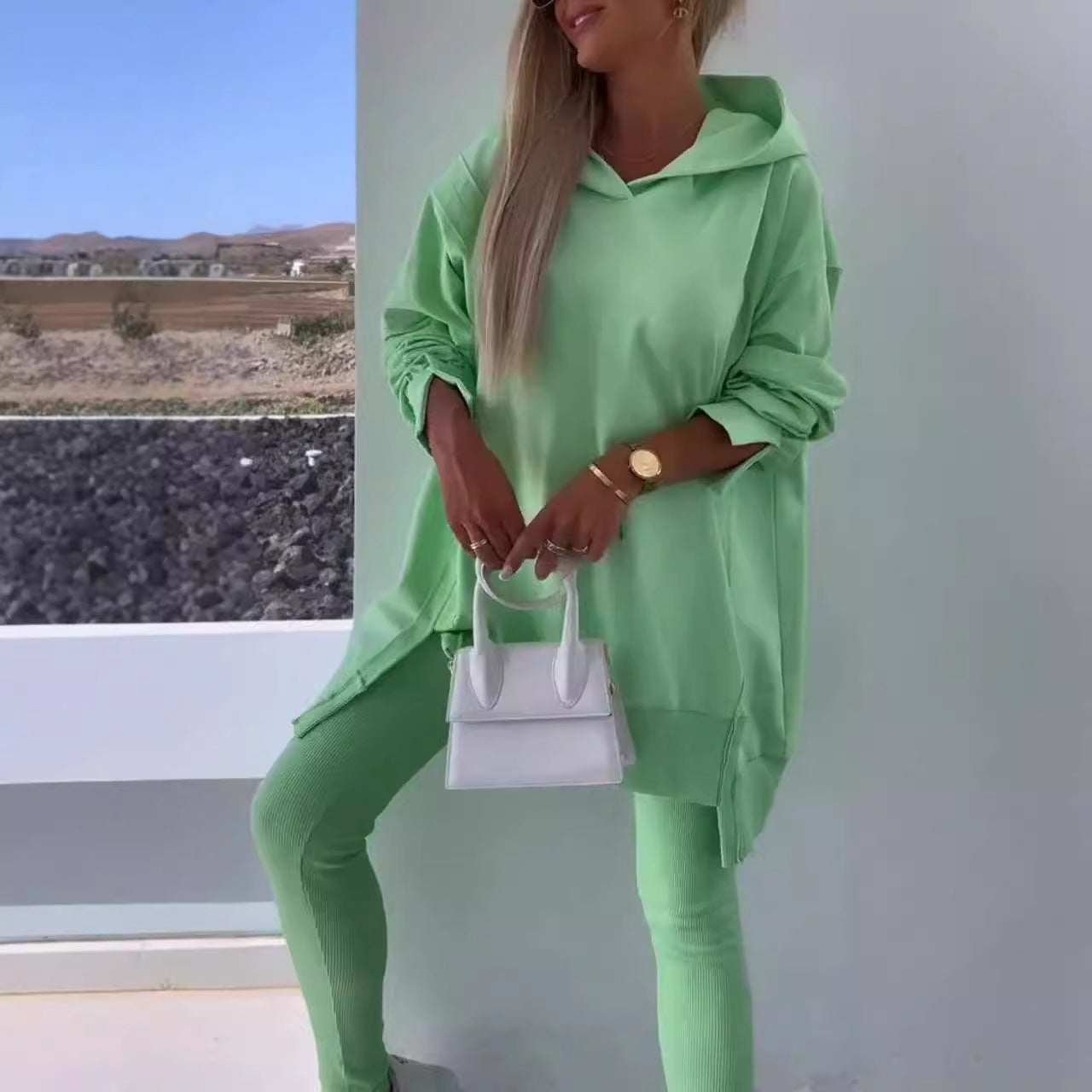 Women's Sports Casual Slit Hooded Sweatshirt Tights