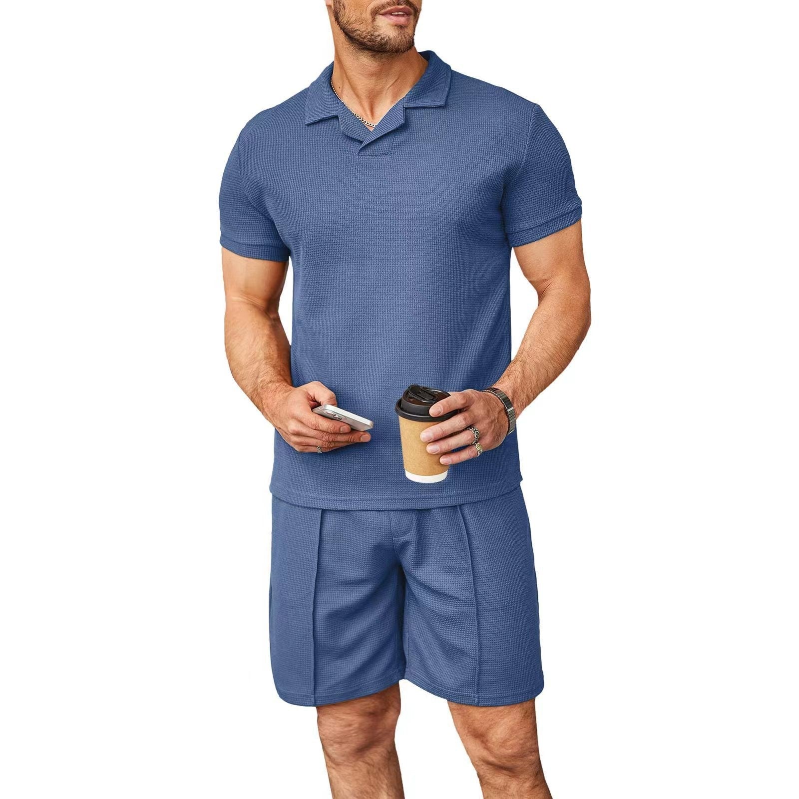 2pcs Set Men V Neck Polo Shirt Lapel Short Sleeve