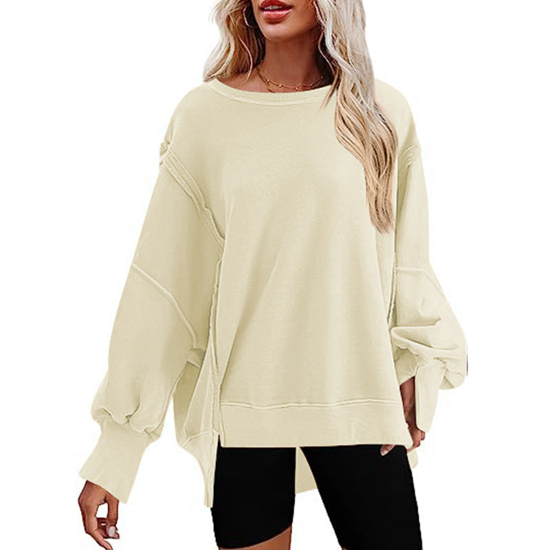 Pullover Sweatshirt Loose Round Neck Side Slit Long Sleeve